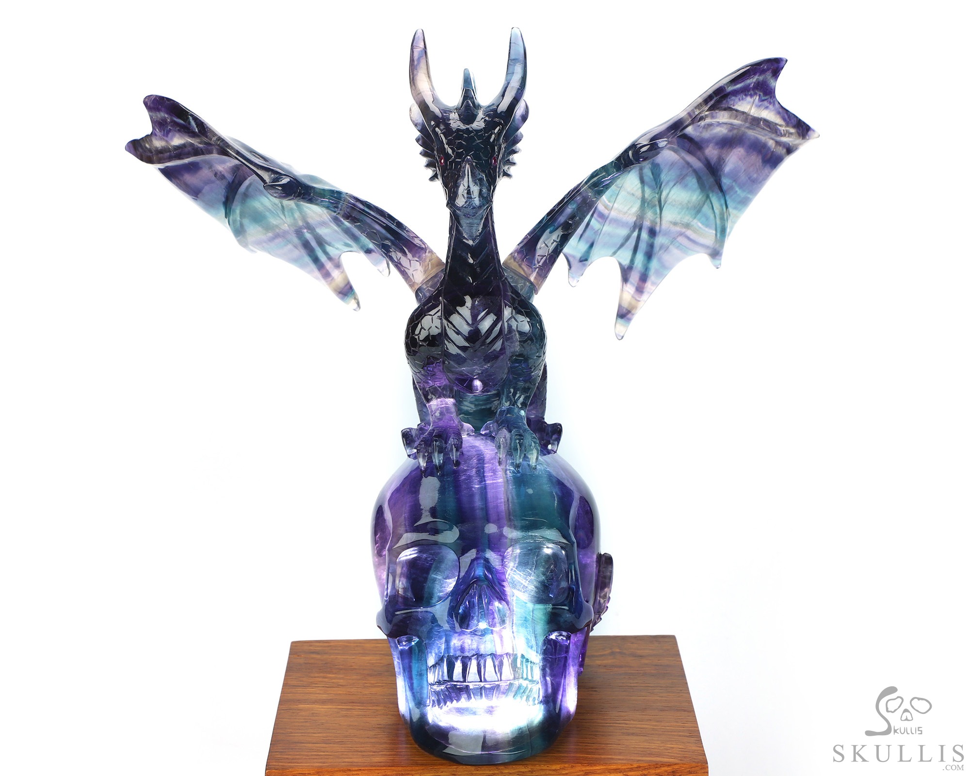 Skull's Scaly Sentinel -10.8" Fluorite Hand Carved Hollow Crystal Skull and Dragon Fine Art Sculpture Lamp/Light, Crystal Healing Skull's Scaly Sentinel -10.8" Fluorite Hand Carved Hollow Crystal Skull and Dragon Fine Art Sculpture Lamp/Light, Crystal Healing