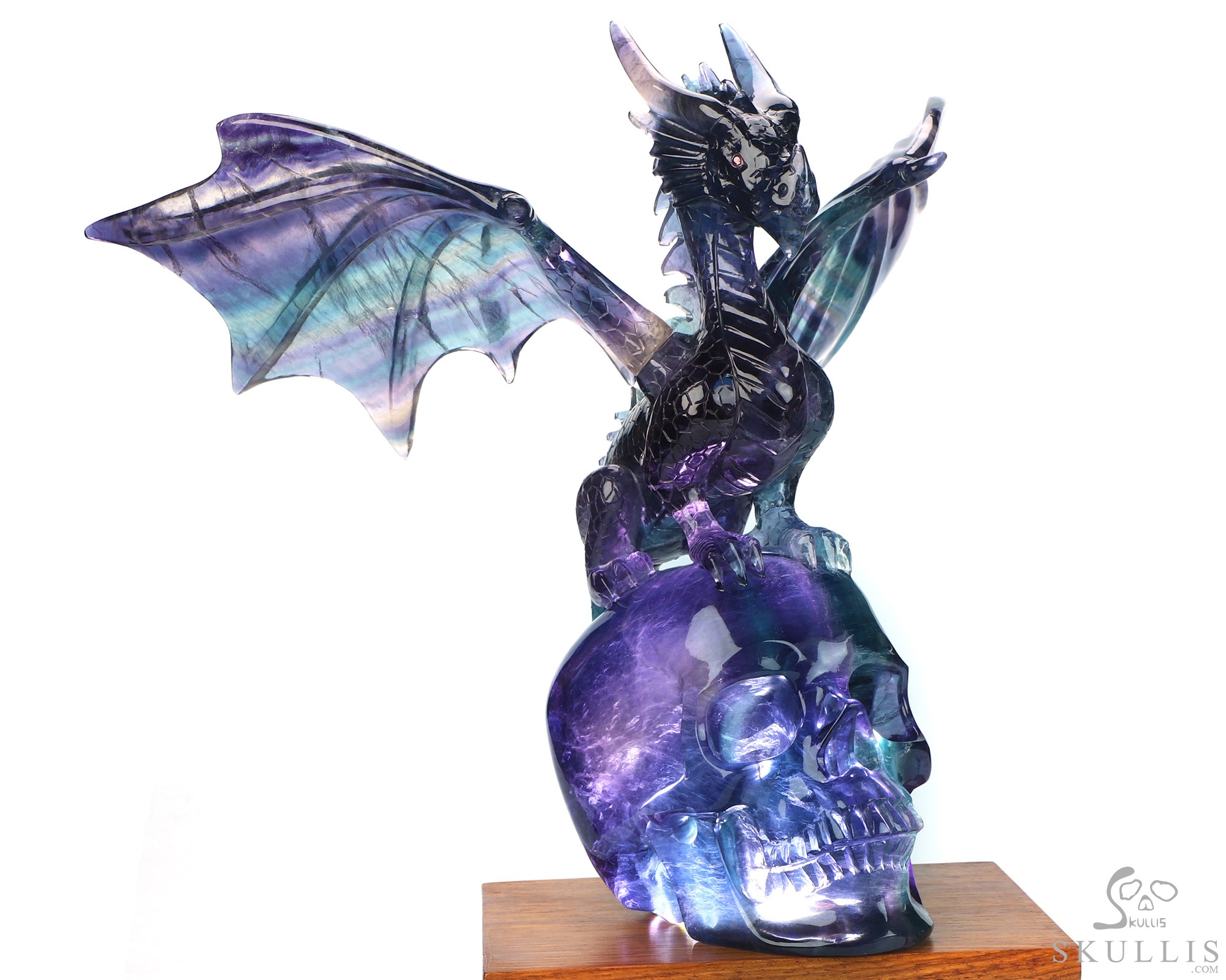 Skull's Scaly Sentinel -10.8" Fluorite Hand Carved Hollow Crystal Skull and Dragon Fine Art Sculpture Lamp/Light, Crystal Healing Skull's Scaly Sentinel -10.8" Fluorite Hand Carved Hollow Crystal Skull and Dragon Fine Art Sculpture Lamp/Light, Crystal Healing