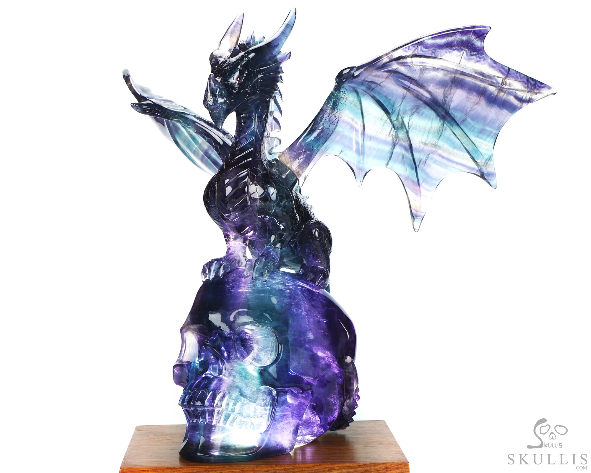 Skull's Scaly Sentinel -10.8" Fluorite Hand Carved Hollow Crystal Skull and Dragon Fine Art Sculpture Lamp/Light, Crystal Healing Skull's Scaly Sentinel -10.8" Fluorite Hand Carved Hollow Crystal Skull and Dragon Fine Art Sculpture Lamp/Light, Crystal Healing