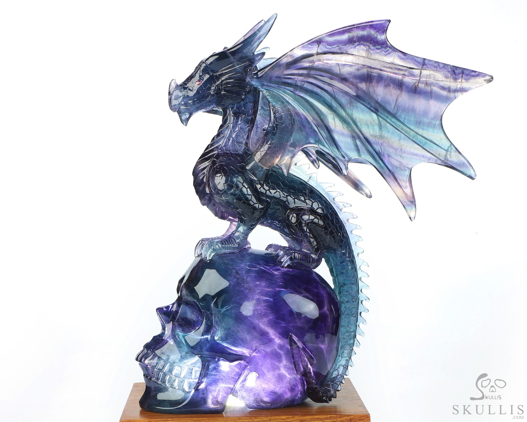 Skull's Scaly Sentinel -10.8" Fluorite Hand Carved Hollow Crystal Skull and Dragon Fine Art Sculpture Lamp/Light, Crystal Healing Skull's Scaly Sentinel -10.8" Fluorite Hand Carved Hollow Crystal Skull and Dragon Fine Art Sculpture Lamp/Light, Crystal Healing