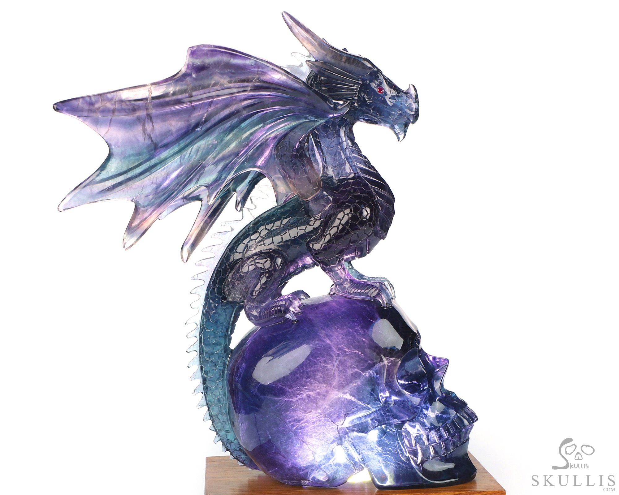 Skull's Scaly Sentinel -10.8" Fluorite Hand Carved Hollow Crystal Skull and Dragon Fine Art Sculpture Lamp/Light, Crystal Healing Skull's Scaly Sentinel -10.8" Fluorite Hand Carved Hollow Crystal Skull and Dragon Fine Art Sculpture Lamp/Light, Crystal Healing