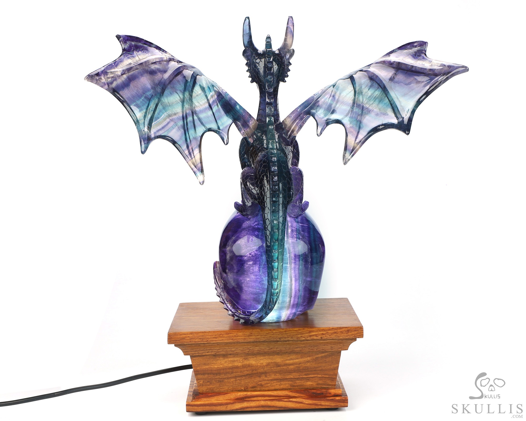Skull's Scaly Sentinel -10.8" Fluorite Hand Carved Hollow Crystal Skull and Dragon Fine Art Sculpture Lamp/Light, Crystal Healing Skull's Scaly Sentinel -10.8" Fluorite Hand Carved Hollow Crystal Skull and Dragon Fine Art Sculpture Lamp/Light, Crystal Healing