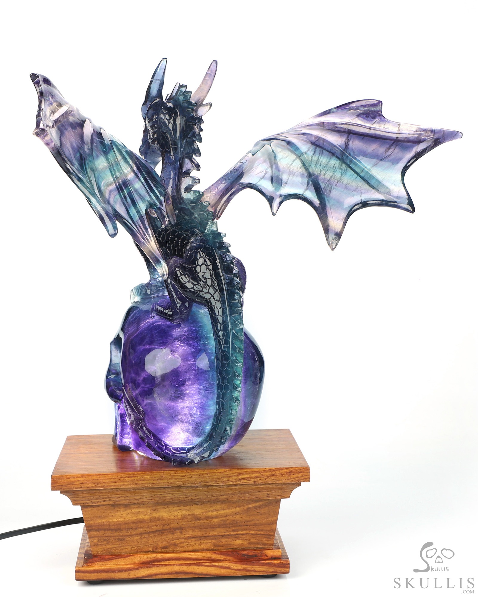 Skull's Scaly Sentinel -10.8" Fluorite Hand Carved Hollow Crystal Skull and Dragon Fine Art Sculpture Lamp/Light, Crystal Healing Skull's Scaly Sentinel -10.8" Fluorite Hand Carved Hollow Crystal Skull and Dragon Fine Art Sculpture Lamp/Light, Crystal Healing