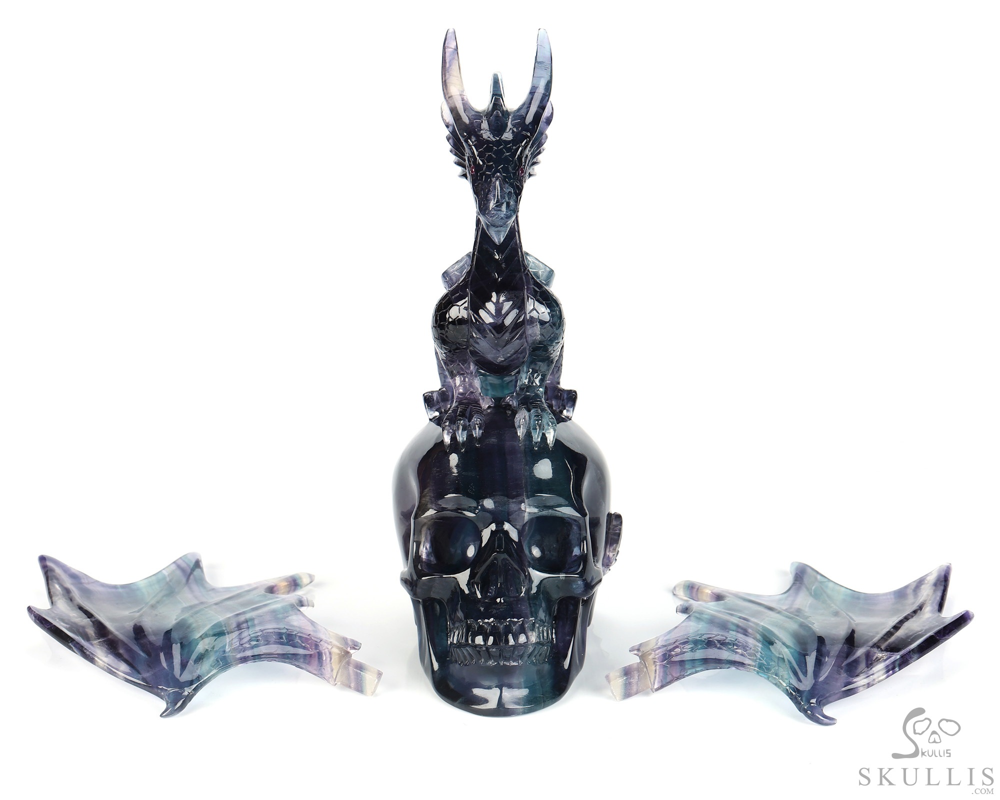 Skull's Scaly Sentinel -10.8" Fluorite Hand Carved Hollow Crystal Skull and Dragon Fine Art Sculpture Lamp/Light, Crystal Healing Skull's Scaly Sentinel -10.8" Fluorite Hand Carved Hollow Crystal Skull and Dragon Fine Art Sculpture Lamp/Light, Crystal Healing