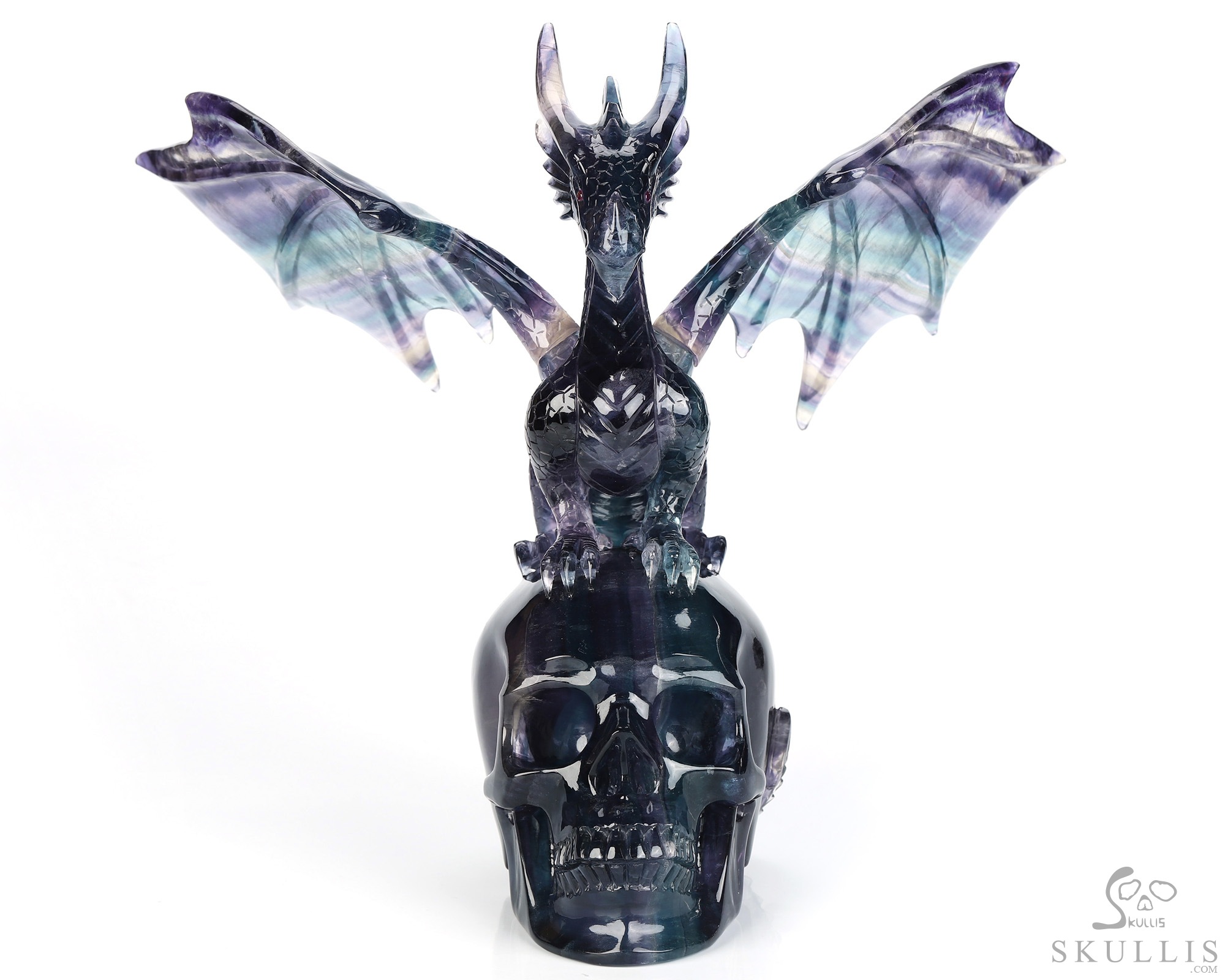 Skull's Scaly Sentinel -10.8" Fluorite Hand Carved Hollow Crystal Skull and Dragon Fine Art Sculpture Lamp/Light, Crystal Healing Skull's Scaly Sentinel -10.8" Fluorite Hand Carved Hollow Crystal Skull and Dragon Fine Art Sculpture Lamp/Light, Crystal Healing