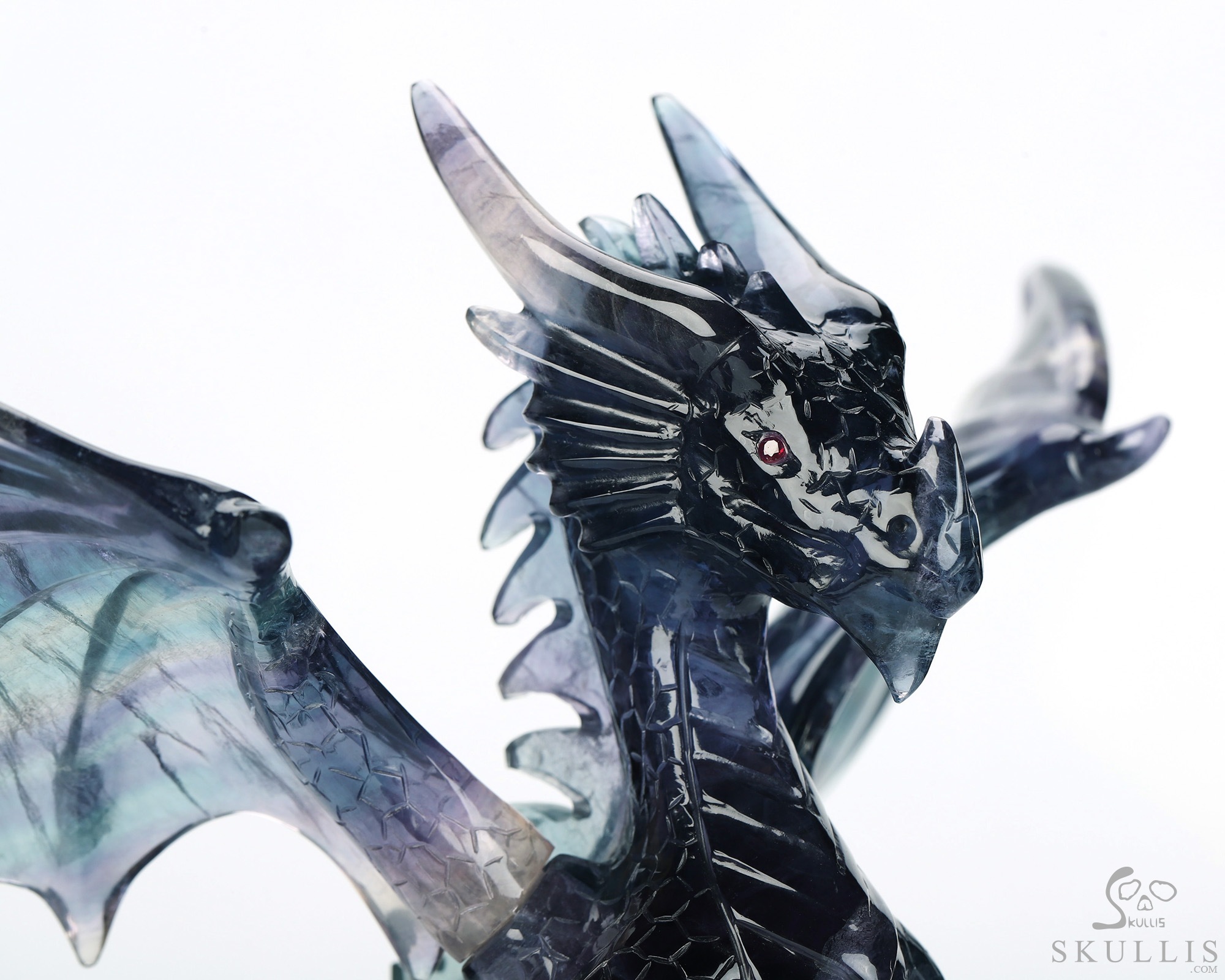 Skull's Scaly Sentinel -10.8" Fluorite Hand Carved Hollow Crystal Skull and Dragon Fine Art Sculpture Lamp/Light, Crystal Healing Skull's Scaly Sentinel -10.8" Fluorite Hand Carved Hollow Crystal Skull and Dragon Fine Art Sculpture Lamp/Light, Crystal Healing