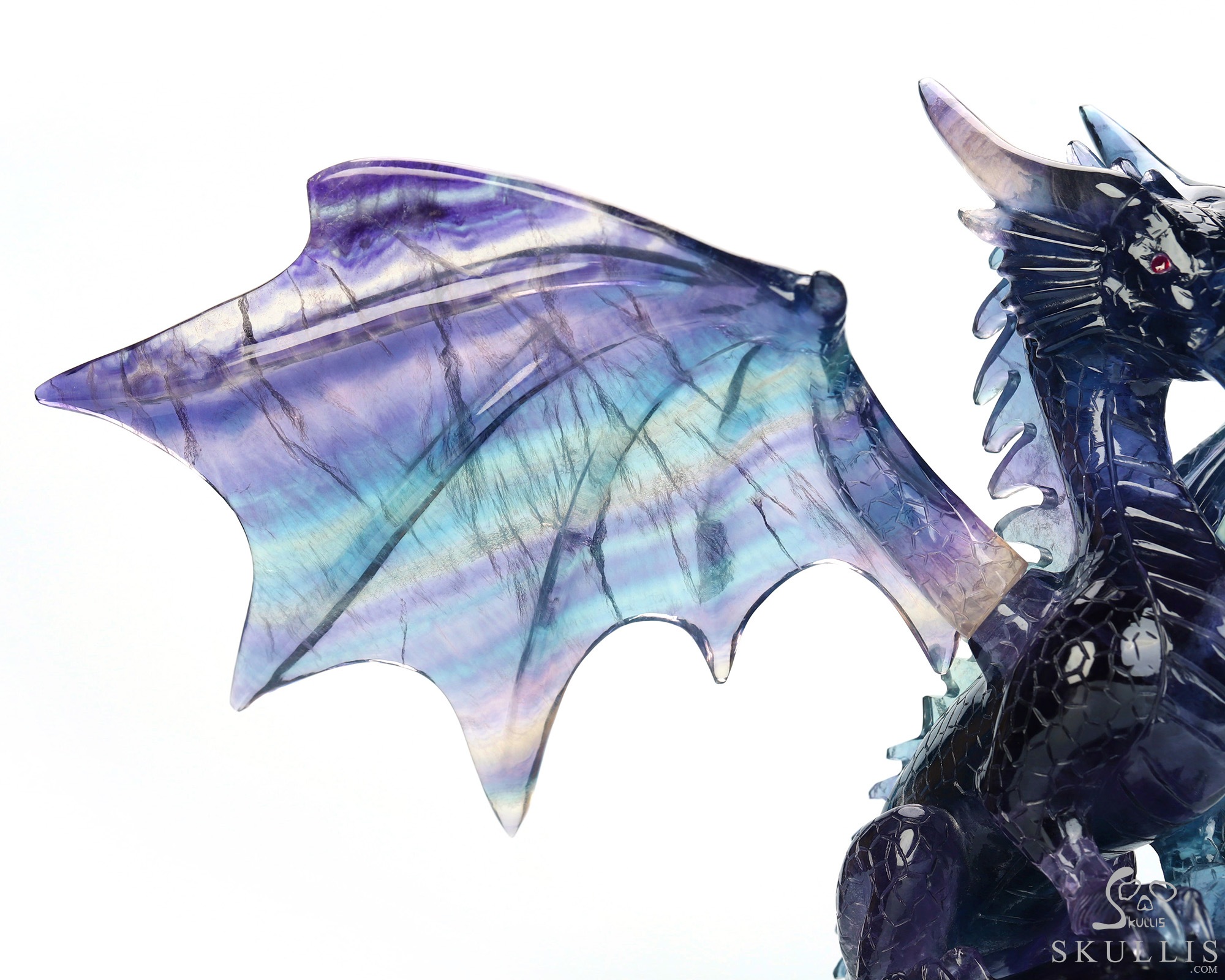 Skull's Scaly Sentinel -10.8" Fluorite Hand Carved Hollow Crystal Skull and Dragon Fine Art Sculpture Lamp/Light, Crystal Healing Skull's Scaly Sentinel -10.8" Fluorite Hand Carved Hollow Crystal Skull and Dragon Fine Art Sculpture Lamp/Light, Crystal Healing