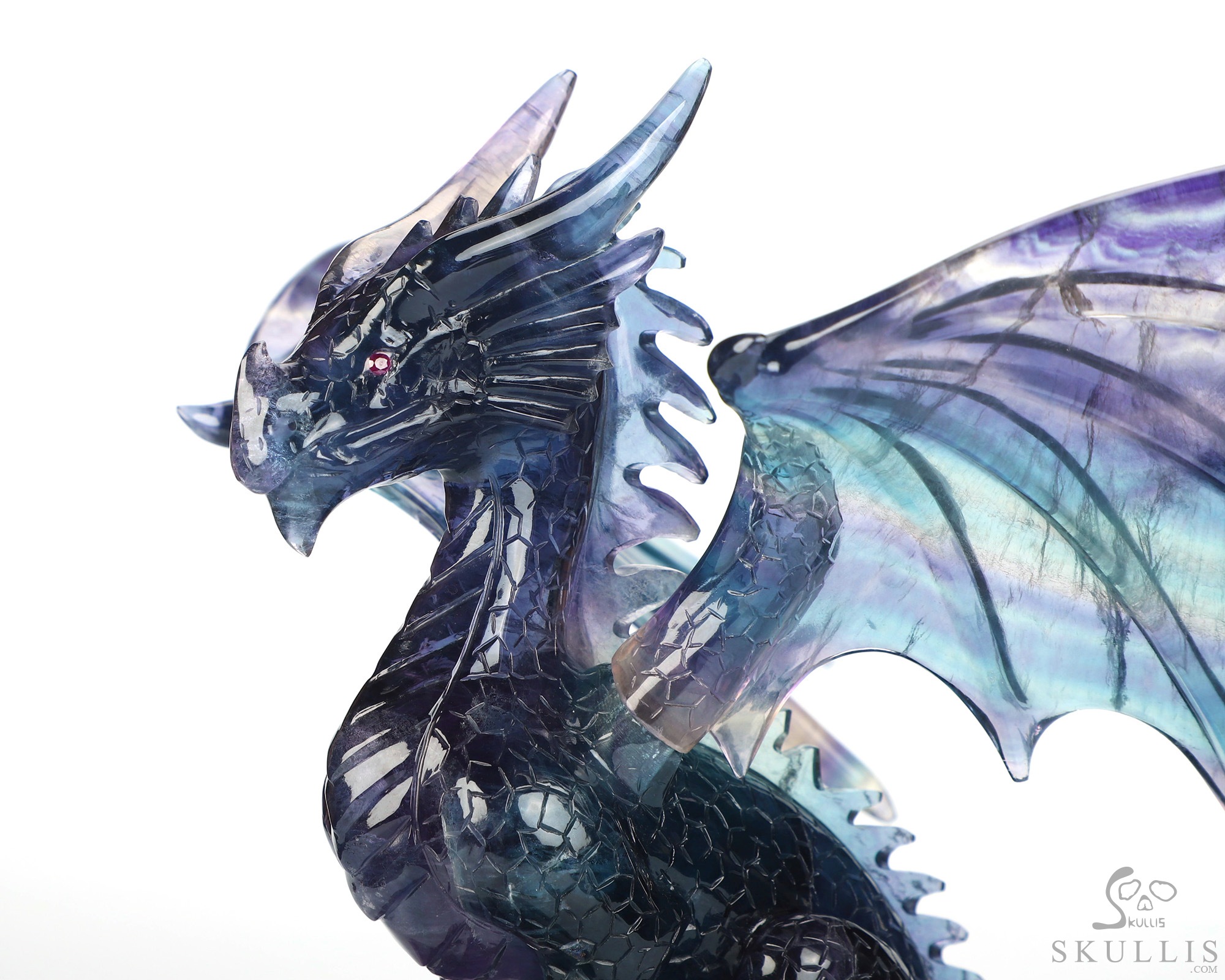 Skull's Scaly Sentinel -10.8" Fluorite Hand Carved Hollow Crystal Skull and Dragon Fine Art Sculpture Lamp/Light, Crystal Healing Skull's Scaly Sentinel -10.8" Fluorite Hand Carved Hollow Crystal Skull and Dragon Fine Art Sculpture Lamp/Light, Crystal Healing