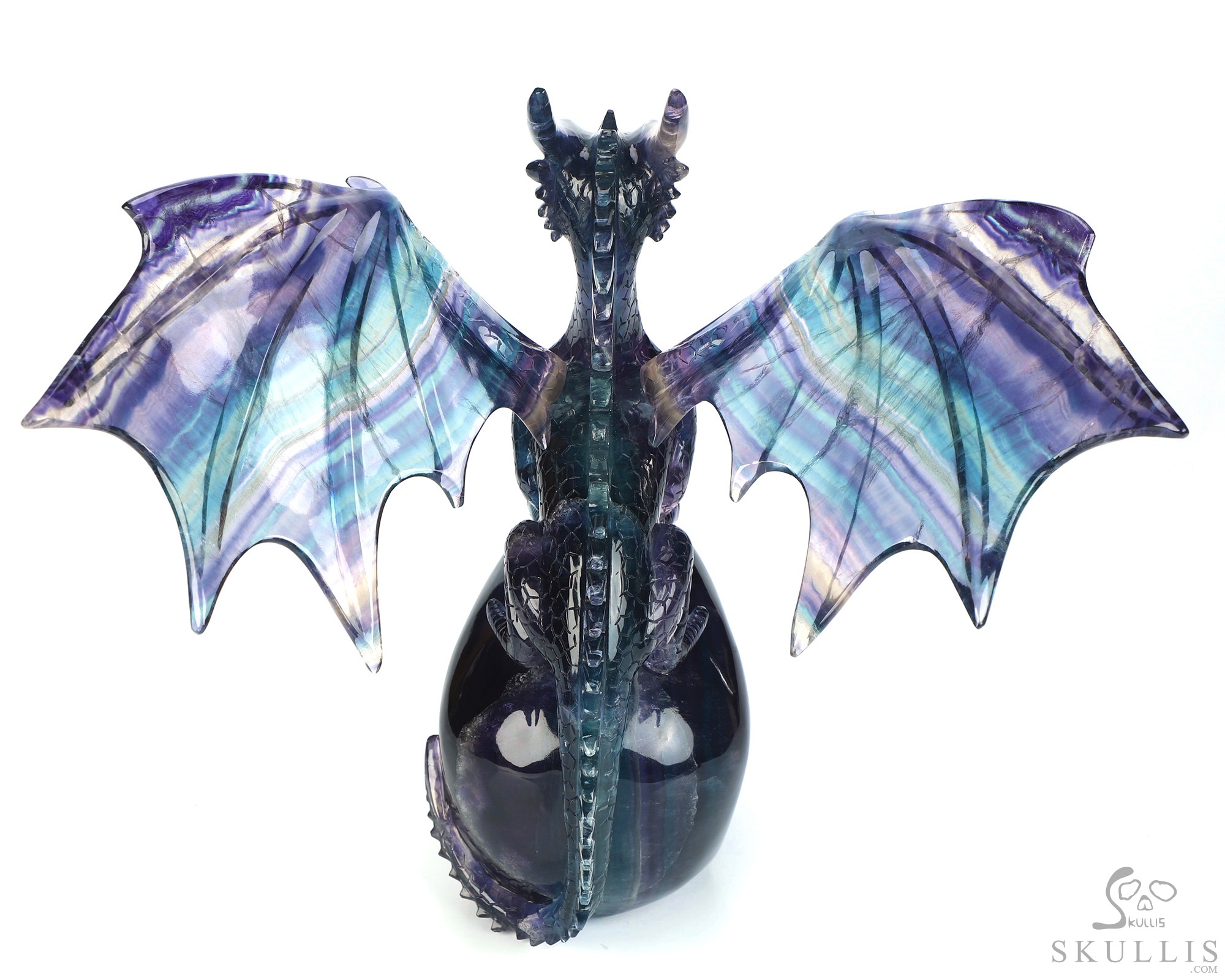 Skull's Scaly Sentinel -10.8" Fluorite Hand Carved Hollow Crystal Skull and Dragon Fine Art Sculpture Lamp/Light, Crystal Healing Skull's Scaly Sentinel -10.8" Fluorite Hand Carved Hollow Crystal Skull and Dragon Fine Art Sculpture Lamp/Light, Crystal Healing