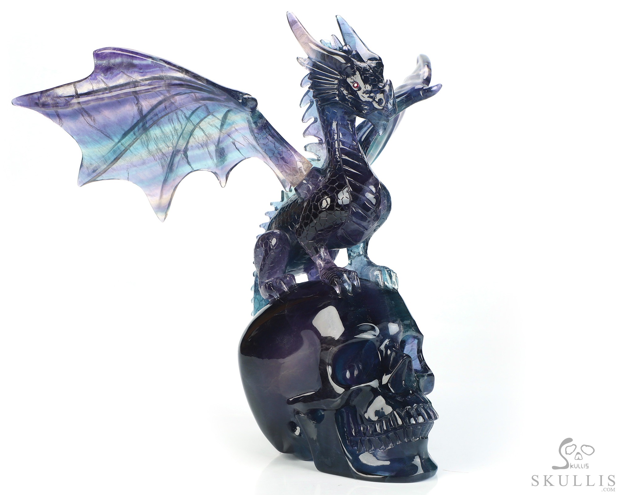Skull's Scaly Sentinel -10.8" Fluorite Hand Carved Hollow Crystal Skull and Dragon Fine Art Sculpture Lamp/Light, Crystal Healing Skull's Scaly Sentinel -10.8" Fluorite Hand Carved Hollow Crystal Skull and Dragon Fine Art Sculpture Lamp/Light, Crystal Healing