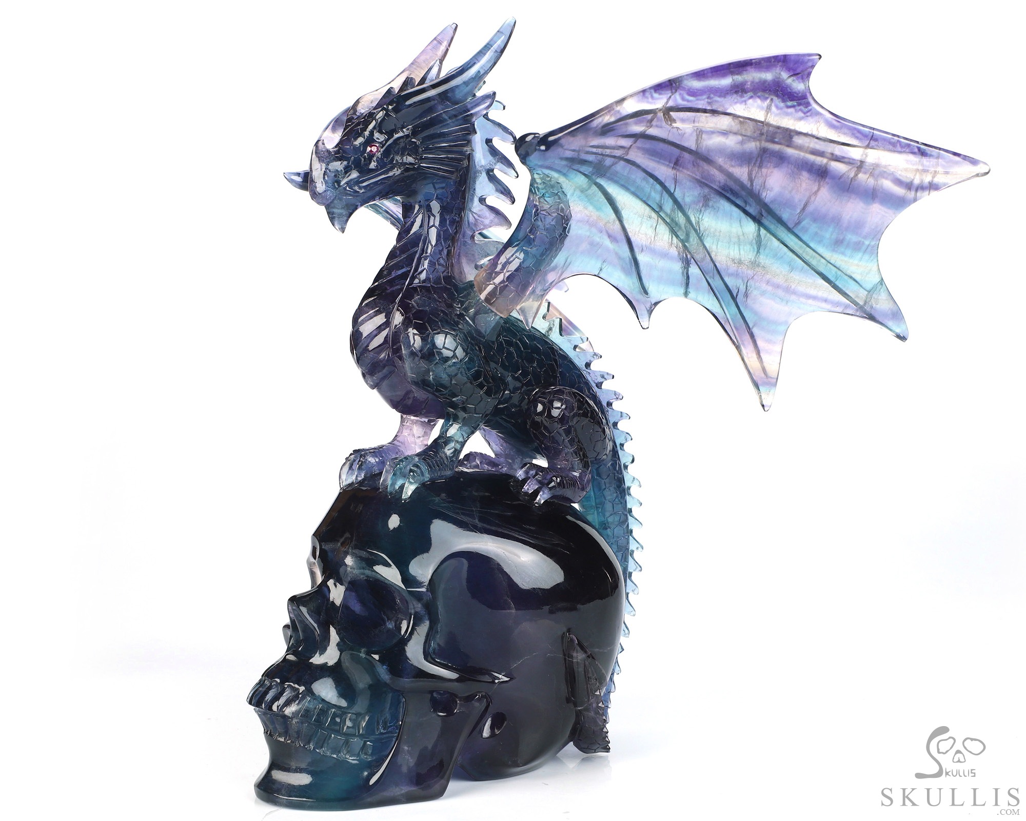 Skull's Scaly Sentinel -10.8" Fluorite Hand Carved Hollow Crystal Skull and Dragon Fine Art Sculpture Lamp/Light, Crystal Healing Skull's Scaly Sentinel -10.8" Fluorite Hand Carved Hollow Crystal Skull and Dragon Fine Art Sculpture Lamp/Light, Crystal Healing