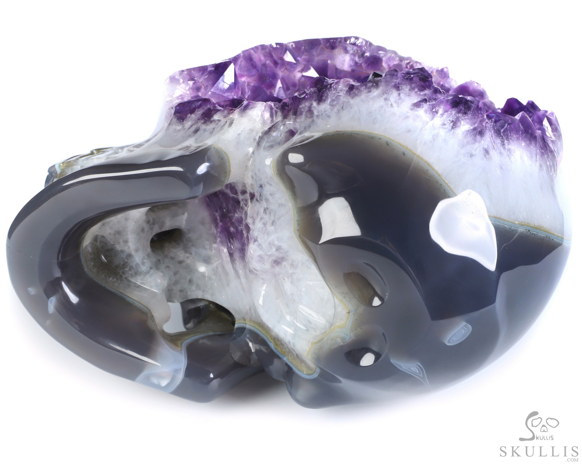 The Infinite Horizon - Lifesized 8.1" Agate Amethyst Geode Hand Carved Crystal Skull, Super Realistic, Crystal Healing The Infinite Horizon - Lifesized 8.1" Agate Amethyst Geode Hand Carved Crystal Skull, Super Realistic, Crystal Healing