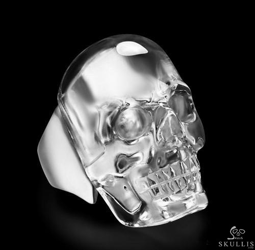 Visage - Skullis Signature Quartz Rock Crystal & 925 Sterling Silver Carved Gemstone Crystal Skull with Sterling Silver Ring Visage - Skullis Signature Quartz Rock Crystal & 925 Sterling Silver Carved Gemstone Crystal Skull with Sterling Silver Ring