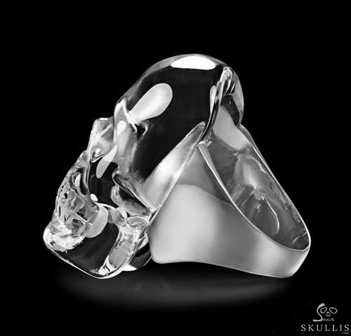 Visage - Skullis Signature Quartz Rock Crystal & 925 Sterling Silver Carved Gemstone Crystal Skull with Sterling Silver Ring Visage - Skullis Signature Quartz Rock Crystal & 925 Sterling Silver Carved Gemstone Crystal Skull with Sterling Silver Ring