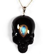 Black Obsidian Carved Crystal Skull Pendant with Moonstone, 18K Gold Over Silver