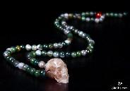 Sunstone Crystal Skull Pendant & Green Moss Agate Beaded Necklace