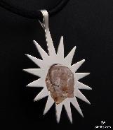 Sunstone Carved Crystal Skull on Sterling Silver Sunburst Pendant