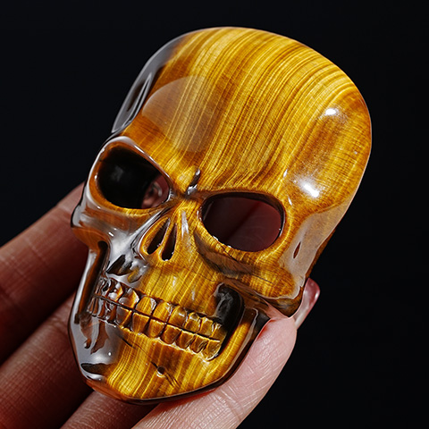 Gold Tiger's Eye Hand Carved Crystal Skull Buckle with Stainless Steel, Skull Jewelry