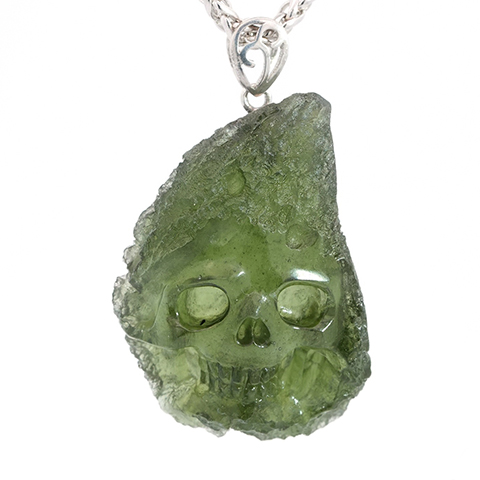 Necklace of 1.2" Moldavite Hand Carved Crystal Skull Pendant, Skull Jewelry