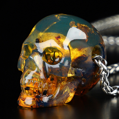 Necklace of 1.3" Dominican Blue Amber Hand Carved Crystal Skull Pendant, Skull Jewelry