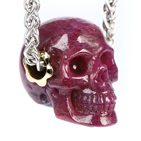 Necklace of 0.7" Ruby Hand Carved Crystal Skull Pendant with Silver Chain
