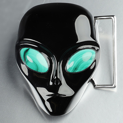 Black Obsidian Hand Carved Crystal Alien Skull with Malachite Eyes Buckle, Skull Jewelry