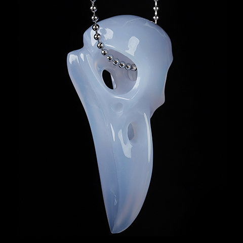 Necklace of 2.3" Blue Chalcedony Hand Carved Raven Skull Pendant, Crystal Healing
