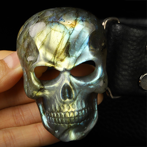 Flash Labradorite Hand Carved Crystal Skull Buckle, Skull Jewelry