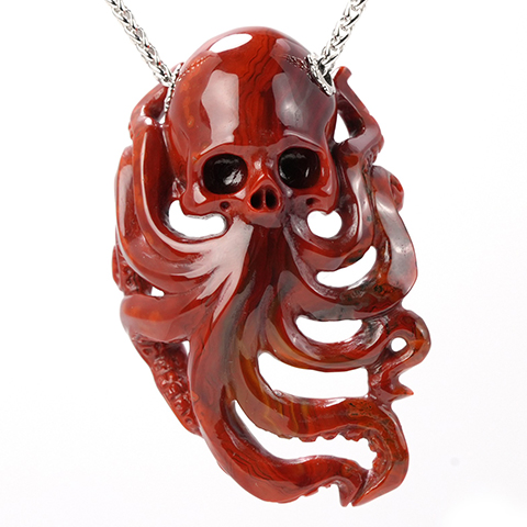 Empire Red Agate Crystal Skull with Octopus Tentacles Pendant or Necklace, Hand Carved, Sterling Silver 925 Chain, for Women & Men