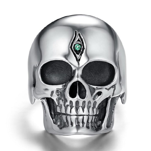 925 Sterling Silver Carved Crystal Skull with Tsavorite Eyes Ring, Skull Jewelry