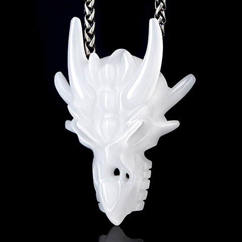 White Jade Carved Crystal Dragon Skull Pendant
