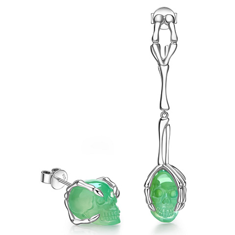 Chrysoprase Hand Carved Crystal Skull Earrings, Skull Jewelry