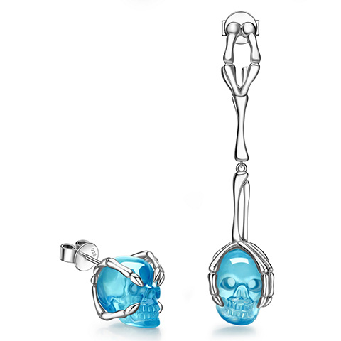 Gemstone Aquamarine Hand Carved Crystal Skull Earrings, Skull Jewelry