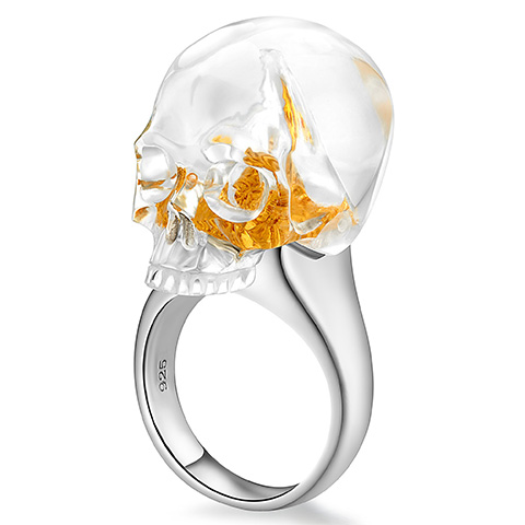 US Size 11# Quartz Rock Crystal Hand Carved Crystal Skull Ring, 925 Silver, Skull Jewelry