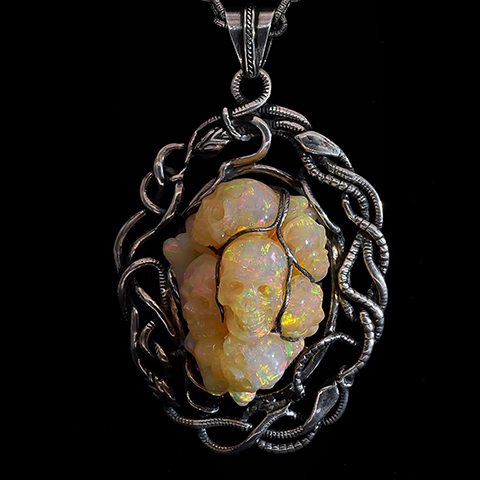 Necklace of Australian Opal Hand Carved Crystal Skull Pendant, Skull Jewelry