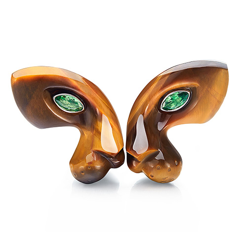 Gold Tiger's Eye Hand Carved Crystal Leopard Head Earrings with Emerald Eyes, Skull Jewelry