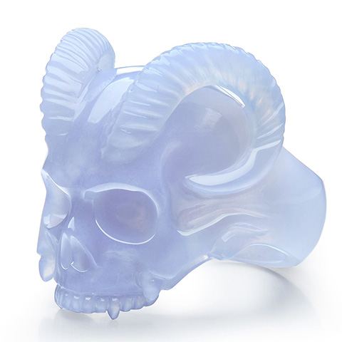 Blue Chalcedony Hand Carved Crystal Skull Ring, Skull Jewelry