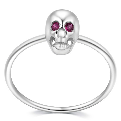 925 Sterling Silver Hand Carved Crystal Skull with Ruby Eyes Ring, Skull Jewelry