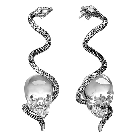 Gem Skull Earrings of Quartz Rock Crystal Carved Skull with 925 Sterling Silver Snake