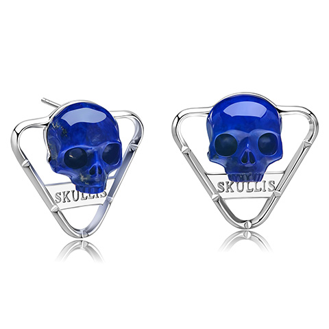 Gemstone Lapis Lazuli Hand Carved Crystal Skull Earrings, Skull Jewelry