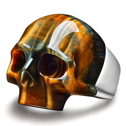 Gemstone Blue & Gold Tiger's Eye Hand Carved Crystal Skull Ring, Skull Jewelry