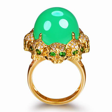 Chrysoprase With Diamond & Tsavorite in 18K Gold Skull Ring Skullis Exclusive