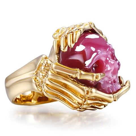 Remember Forever - Ring of Ruby Hand Carved Crystal Skull Ring in 18k Gold, Skull Jewelry