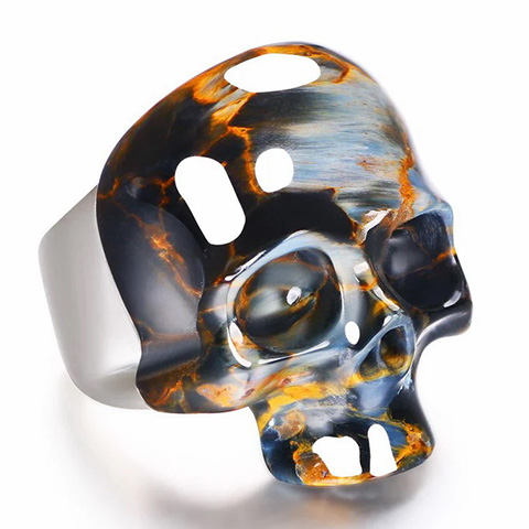 Pietersite Hand Carved Crystal Skull Ring, Skull Jewelry