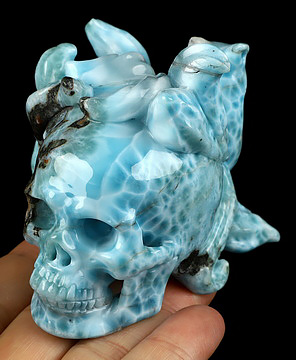 3.1" Larimar Hand Carved Crystal Skull and Fox Fine Art Sculpture, Crystal Healing