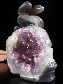 6.7" Agate Amethyst Geode Hand Carved Crystal Skull and Snakes Sculpture, Crystal Healing