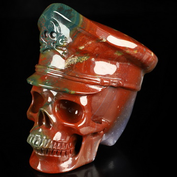 5.0" Bloodstone Hand Carved Pirate Crystal Skull Fine Art Sculpture, Crystal Healing