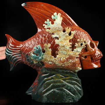 Skull Swim - 8.4" Bloodstone Hand Carved Crystal Fish Skull Fine Art Sculpture, Crystal Healing