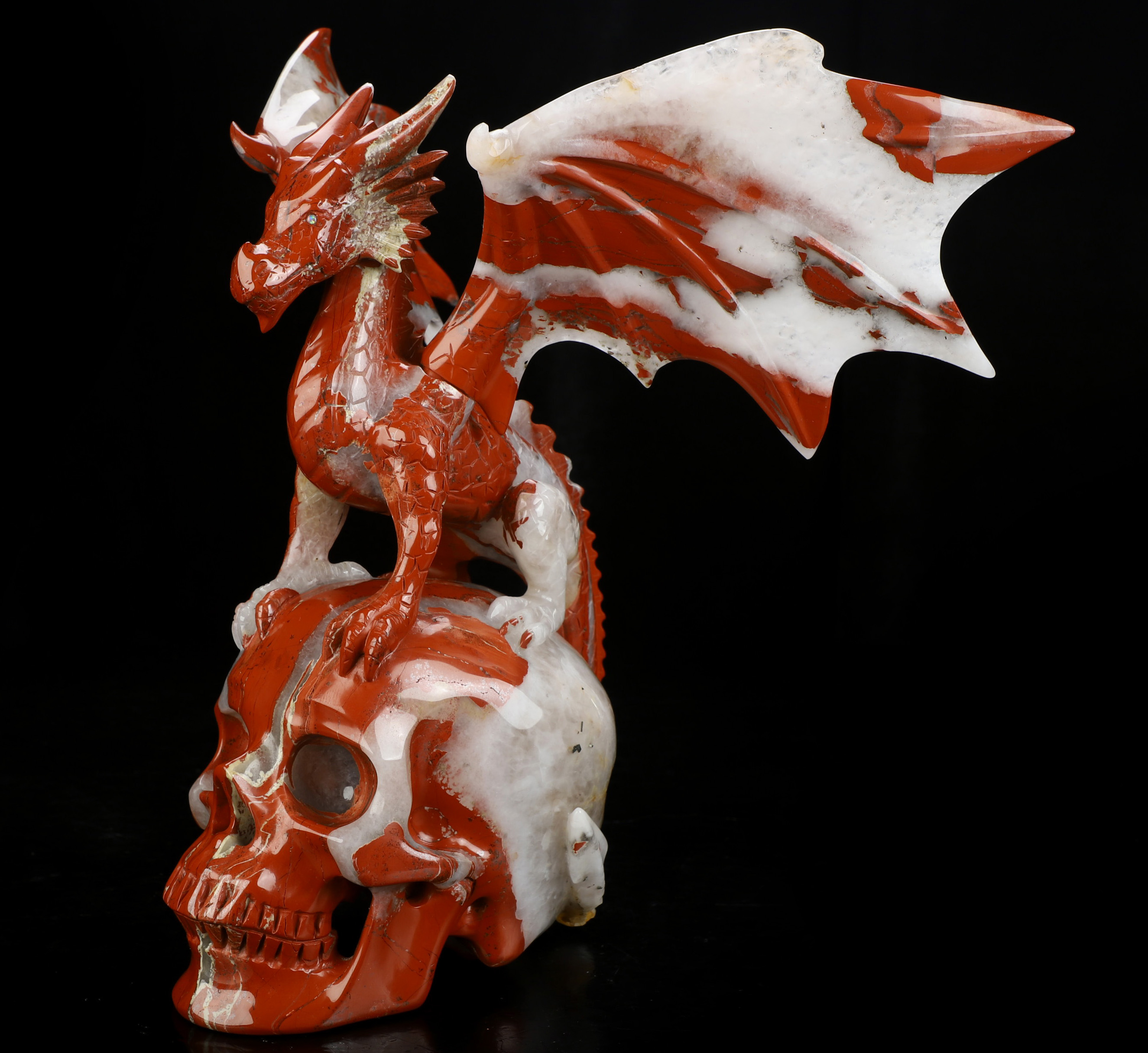 9.4" Red Jasper Hand Carved Crystal Skull and Dragon, Detachable Wings, Fine Art Sculpture, Crystal Healing