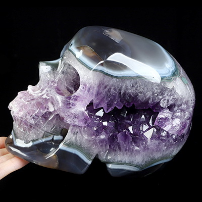 Lifesized 7.4" Agate Amethyst Geode Hand Carved Crystal Skull, Super Realistic, Crystal Healing